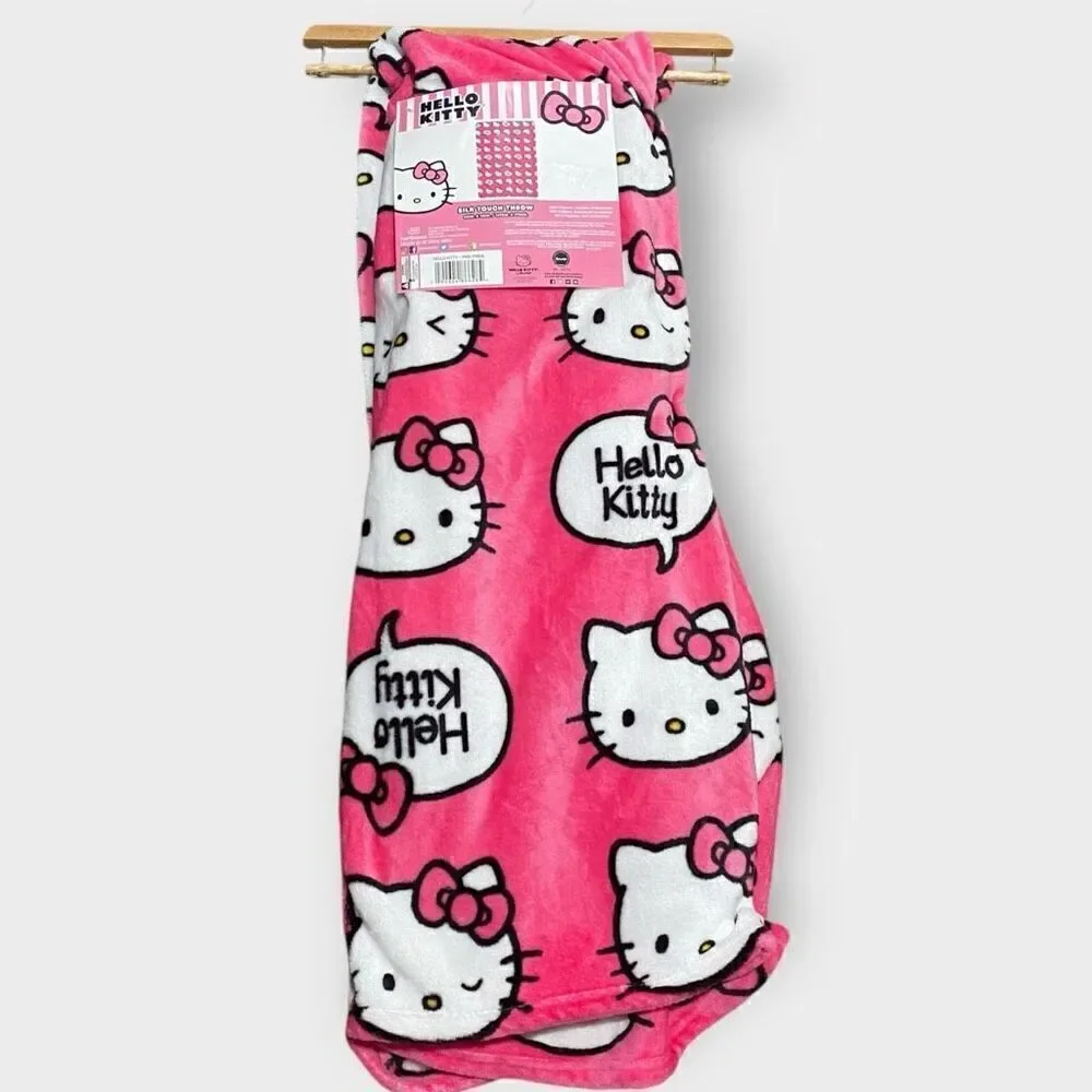 Hello Kitty Sanrio “Chat Bubble” Plush Silk Touch Pink Throw Blanket 50